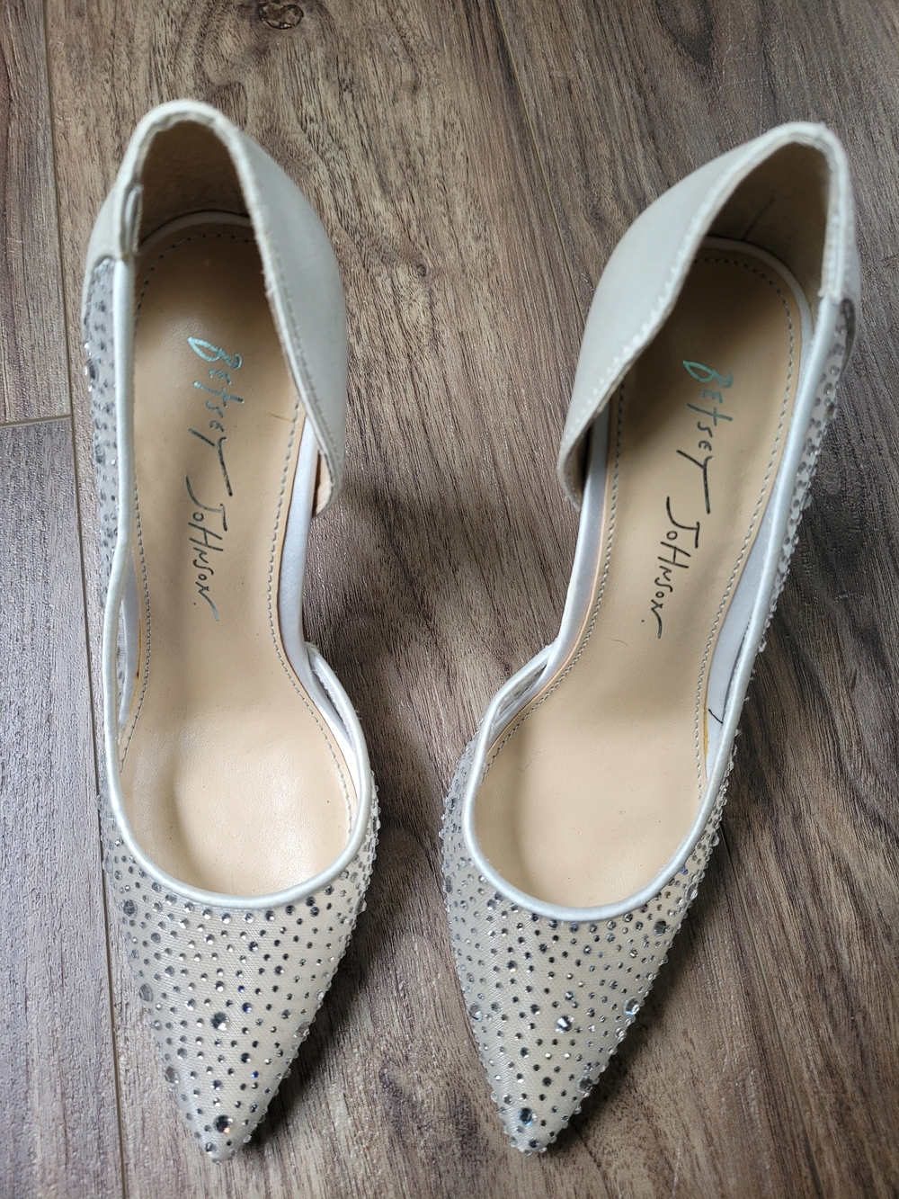Betsy Johnson Elegant Cream Crystal Sparkle Teal Bottom Wedding - Event Heels